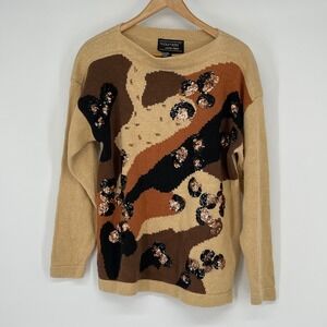Vintage Maurada Sweater Embellished Sequins Tan Brown Animal Print‎ Black Size L